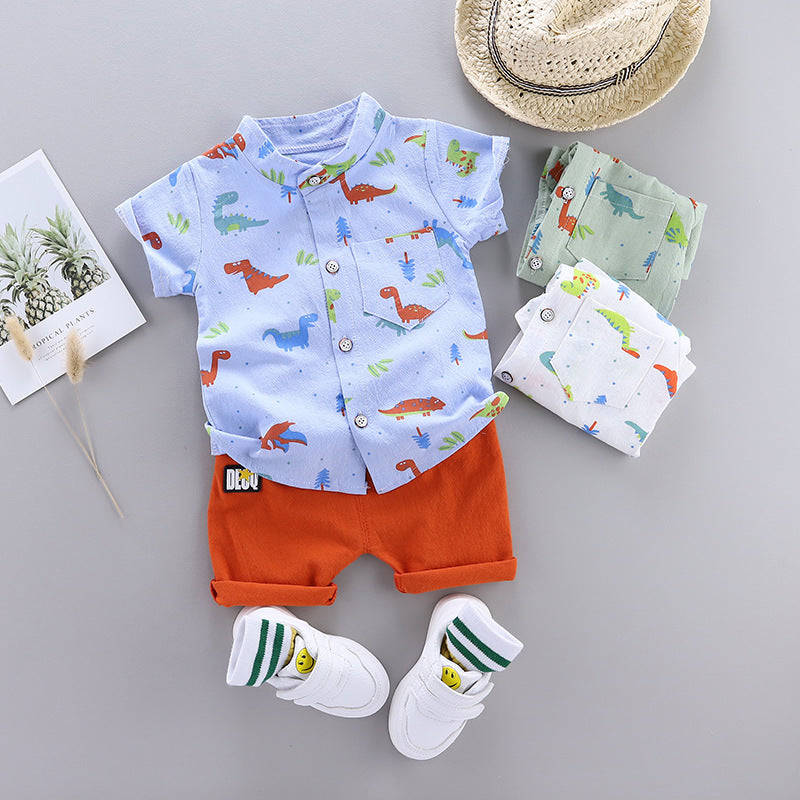 Kids Fashion All Over Print Dinosaur Short Sleeve Shirt Set