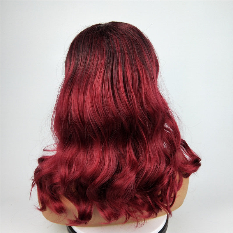 Wig Female Burgundy Long Curly Hair Big Wavy Gradient Color