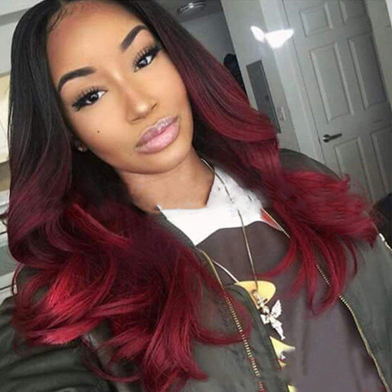 Wig Female Burgundy Long Curly Hair Big Wavy Gradient Color