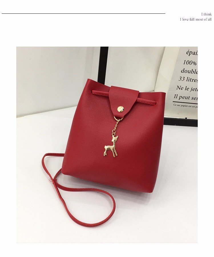 Small Square Bag One Shoulder Diagonal Fawn Pendant Solid Color PU