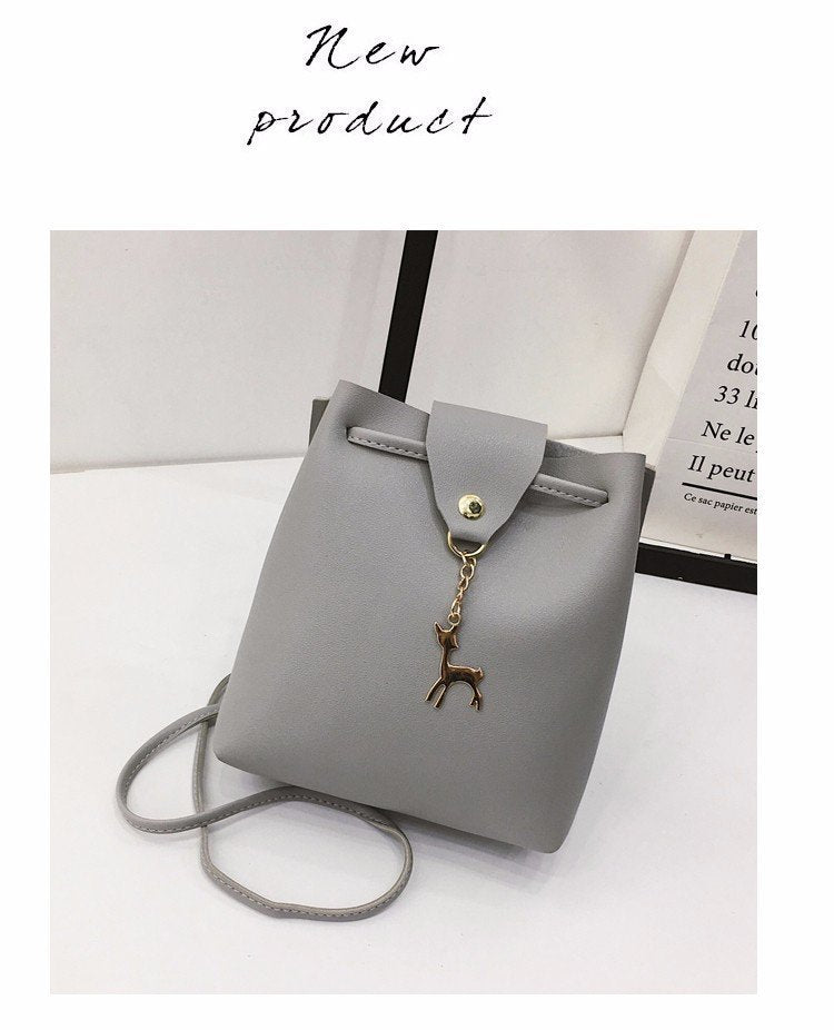 Small Square Bag One Shoulder Diagonal Fawn Pendant Solid Color PU