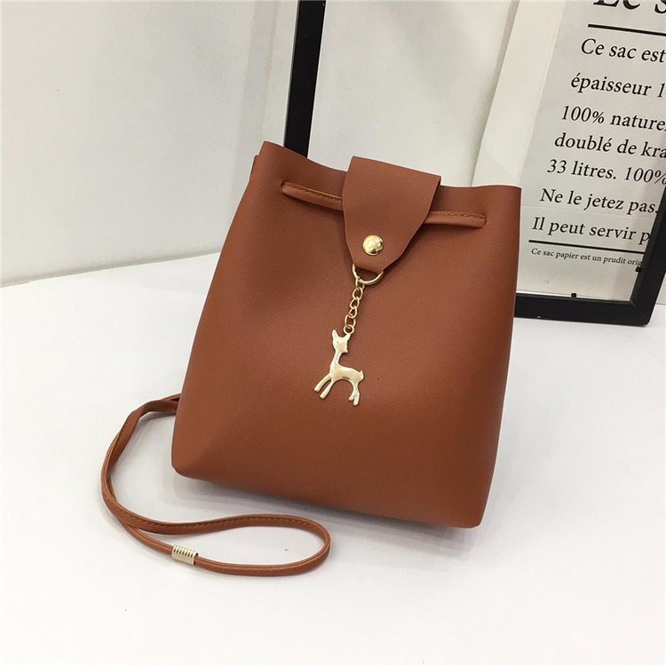 Small Square Bag One Shoulder Diagonal Fawn Pendant Solid Color PU