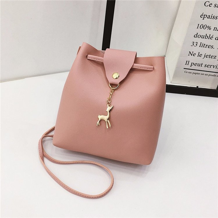 Small Square Bag One Shoulder Diagonal Fawn Pendant Solid Color PU