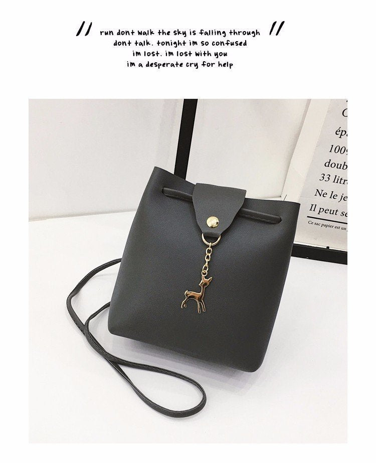 Small Square Bag One Shoulder Diagonal Fawn Pendant Solid Color PU