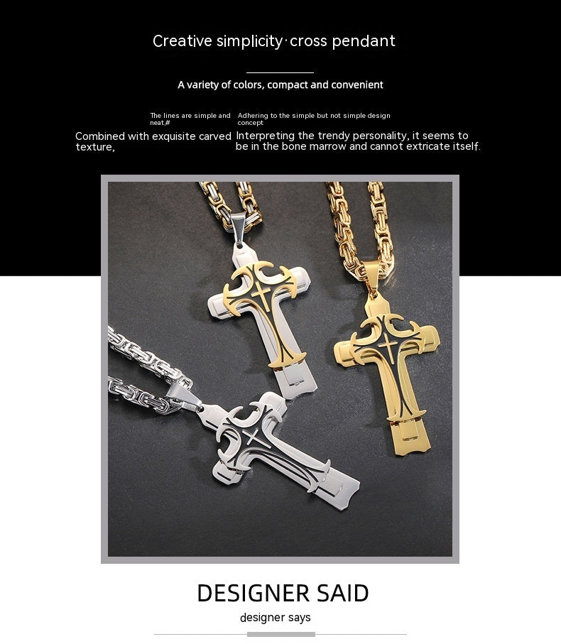 Fashion Jewelry Titanium Steel Long Pattern Three-layer Cross Pendant Necklace