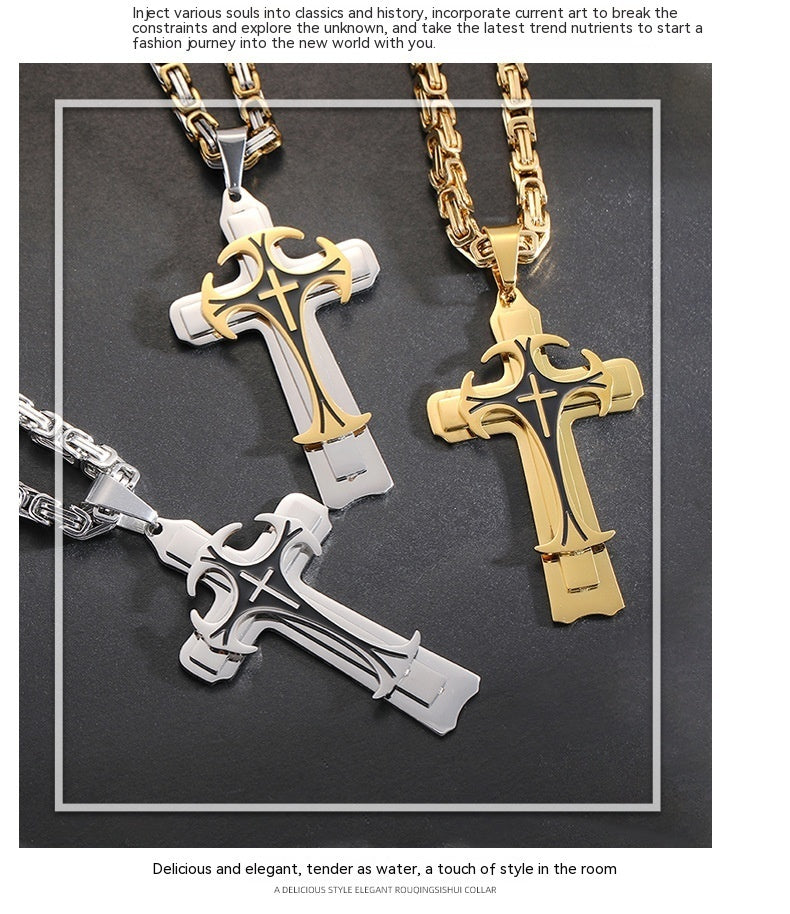 Fashion Jewelry Titanium Steel Long Pattern Three-layer Cross Pendant Necklace