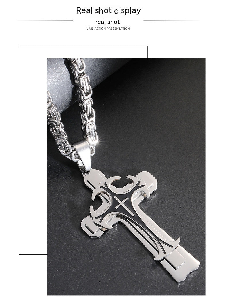 Fashion Jewelry Titanium Steel Long Pattern Three-layer Cross Pendant Necklace