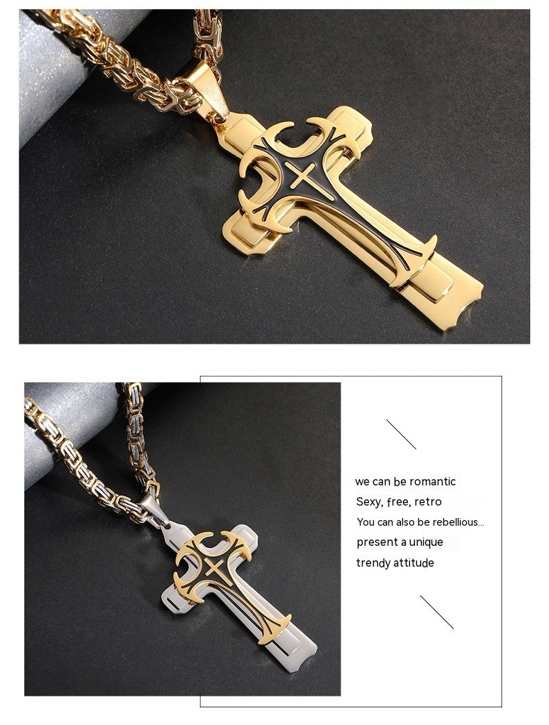 Fashion Jewelry Titanium Steel Long Pattern Three-layer Cross Pendant Necklace