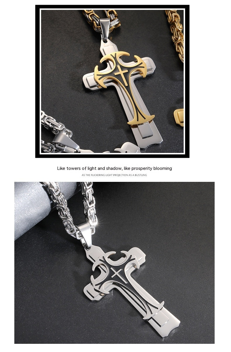 Fashion Jewelry Titanium Steel Long Pattern Three-layer Cross Pendant Necklace