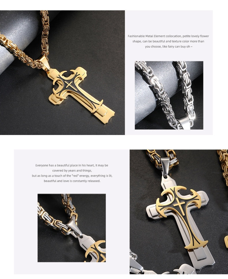 Fashion Jewelry Titanium Steel Long Pattern Three-layer Cross Pendant Necklace