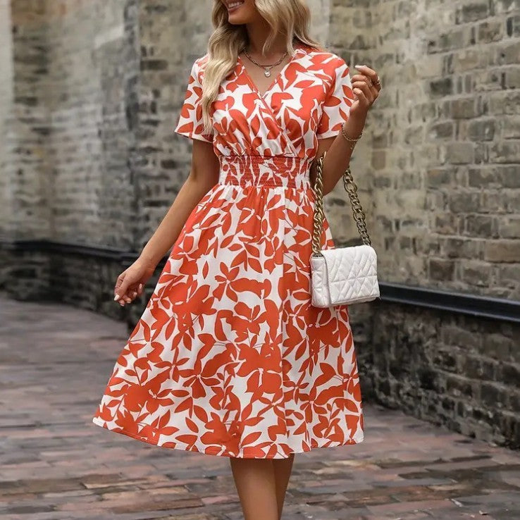 Women's V-neck Leaves Floral Print Swing Girdle Dress