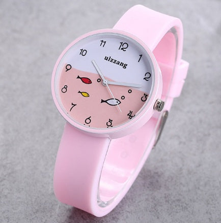 Children Watch For Girls Color Silicone Strap Fashion Quartz Wristwatch Fish Dial Cartoon Kids Clock