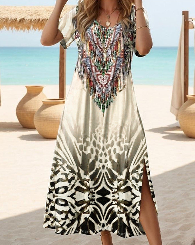 Printed Short Sleeve Round-neck Long Dress Women