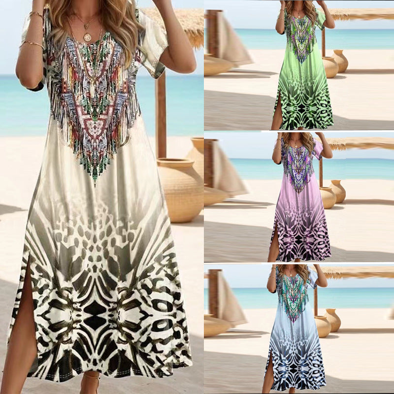 Printed Short Sleeve Round-neck Long Dress Women