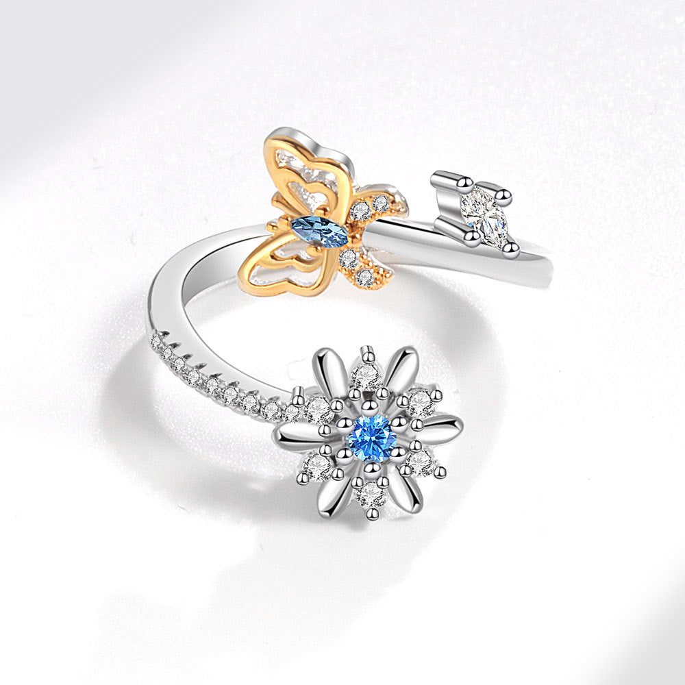 Women's Adjustable Zircon Rotatable Butterfly Ring