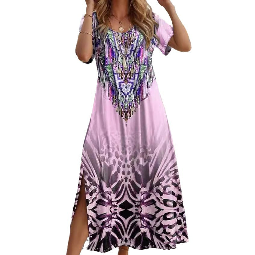 Printed Short Sleeve Round-neck Long Dress Women