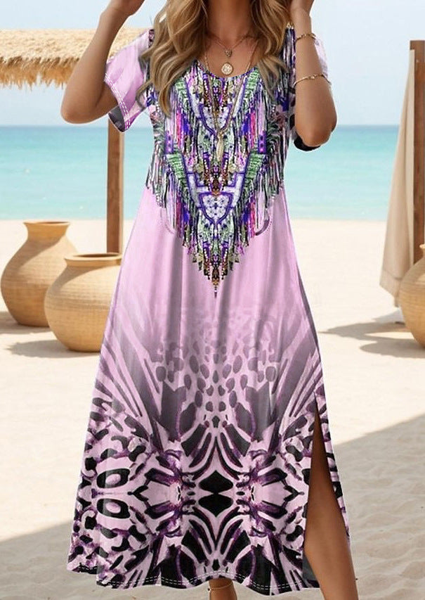 Printed Short Sleeve Round-neck Long Dress Women