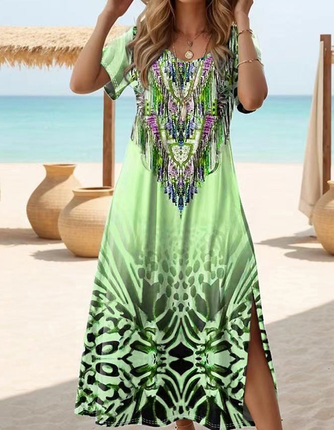 Printed Short Sleeve Round-neck Long Dress Women