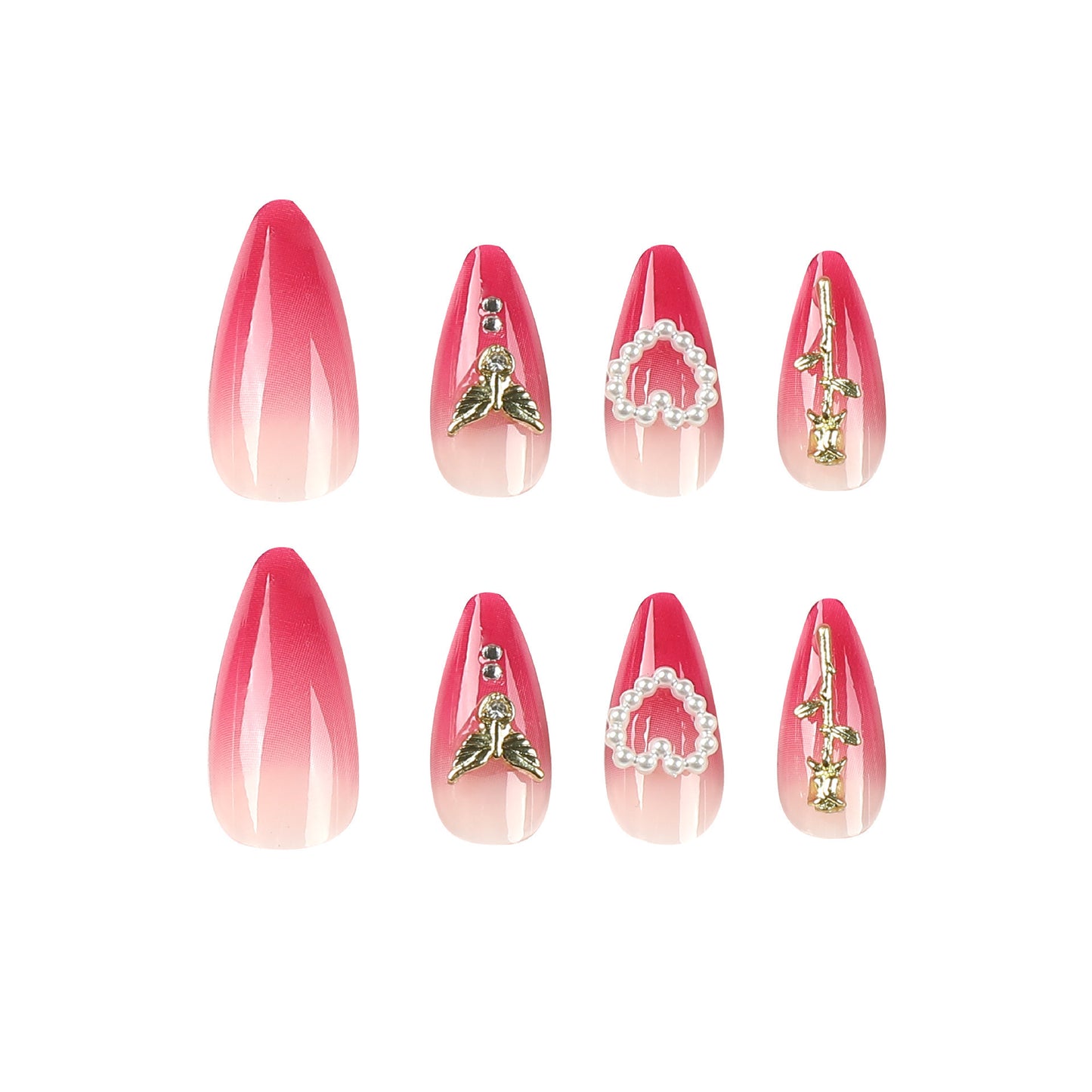 Wear Armor Red Gradient Three-dimensional Rose Pearl Fake Nails