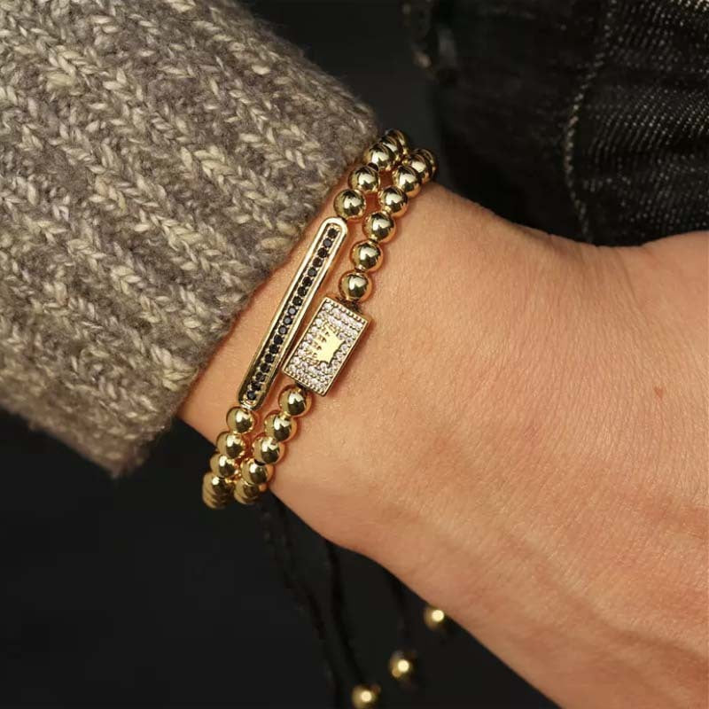 Charm Long Tube Men Bracelet Pave CZ Braided Macrame Gold