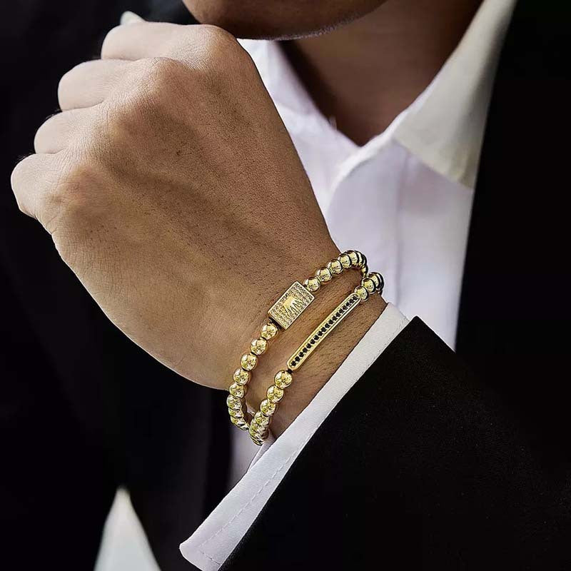 Charm Long Tube Men Bracelet Pave CZ Braided Macrame Gold