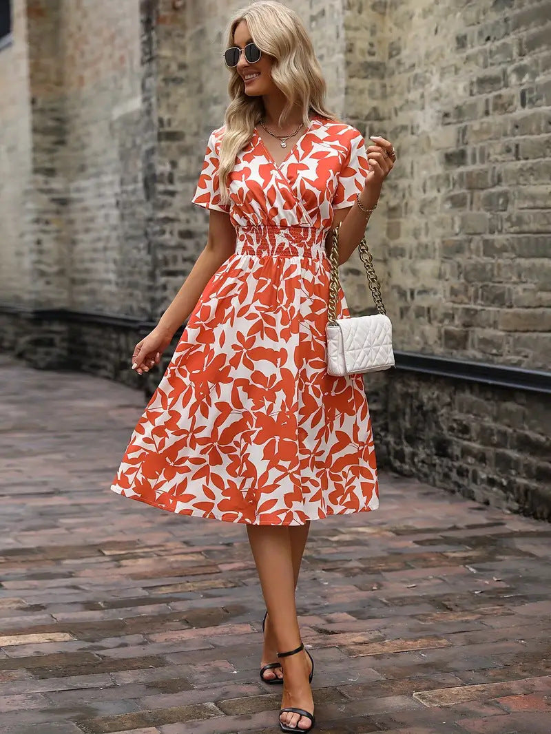 Women's V-neck Leaves Floral Print Swing Girdle Dress