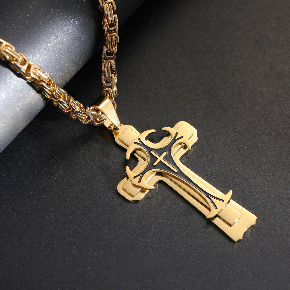 Fashion Jewelry Titanium Steel Long Pattern Three-layer Cross Pendant Necklace