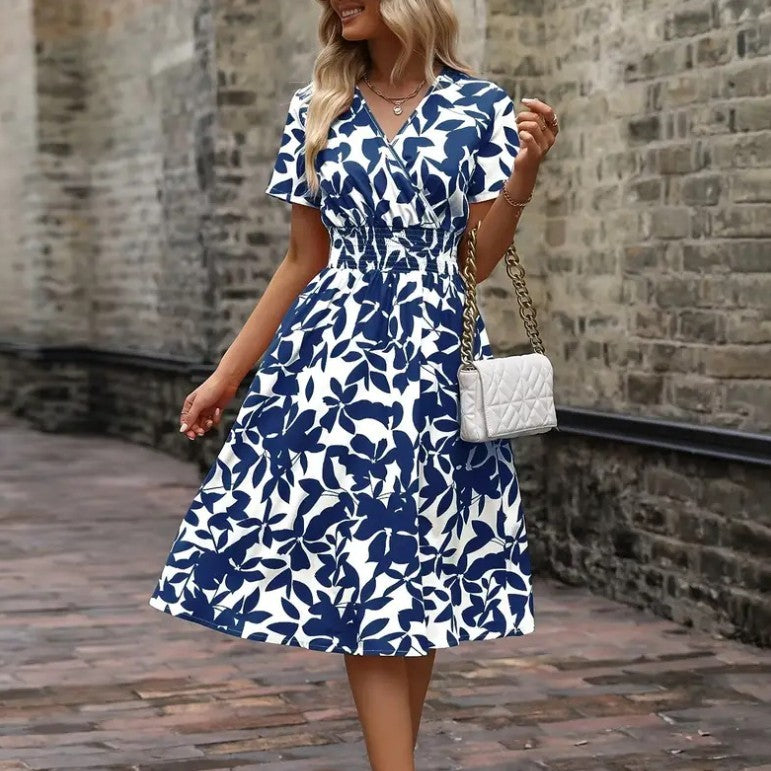 Women's V-neck Leaves Floral Print Swing Girdle Dress