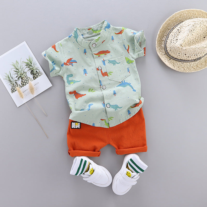 Kids Fashion All Over Print Dinosaur Short Sleeve Shirt Set