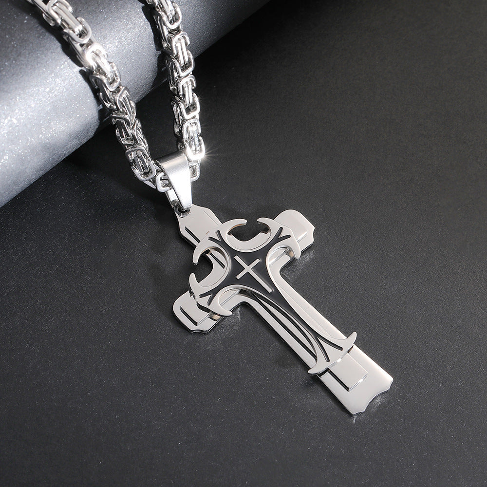 Fashion Jewelry Titanium Steel Long Pattern Three-layer Cross Pendant Necklace